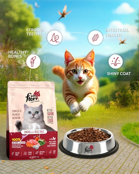 A 4:5 ratio ad showcasing cat food with clear graphical callouts for nutritional benefits like shiny coat and strong teeth.